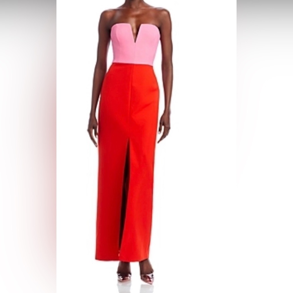 Red and pink strapless maxi gown BCBG